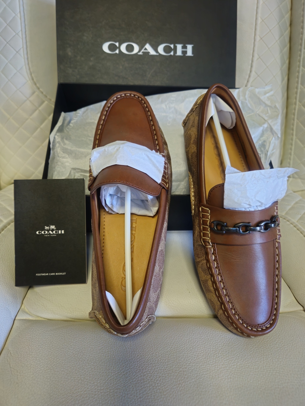 Coach Men's Brown Leather Chain-Accent Slip-On Loafers Authentic